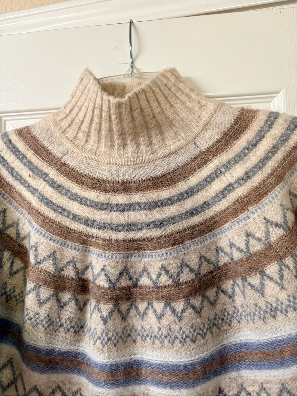 Marled Fair Isle Wool Blend Mock Turtleneck Sweater Cream, blue & tan. Medium - Picture 3 of 14